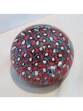 Art Glass Mouth Blown Millefiori Paperweight Red Blue White Flowers 3.5"